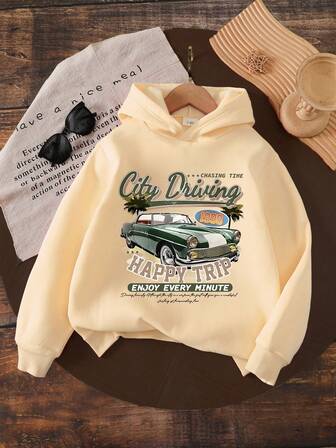 1-Piece Tween Girls Casual Loose Slogan City Driving Pattern Printed Hooded Long-Sleeved Sweatshirt, Fashionable Clothing Suitable For Autumn And Winter