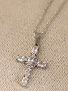 1pc Fashionable Cubic Zirconia Cross Stainless Steel Pendant Necklace, Suitable For Daily Wear, Party And Casual
