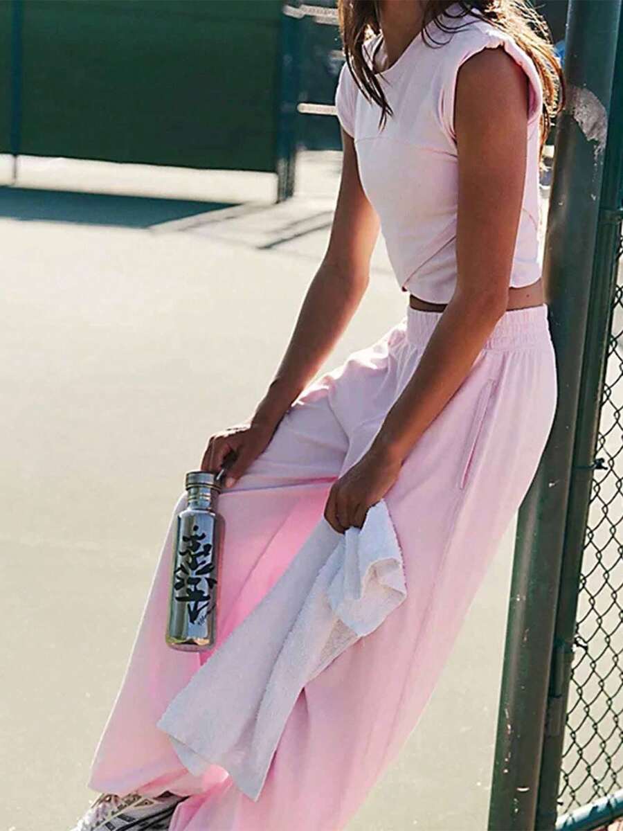 Women's Two-Piece Solid Color Casual Fashion Suit Crop Top And High Waist Sweatpants Set With Pockets Sportswear - Hồng - Xem 1