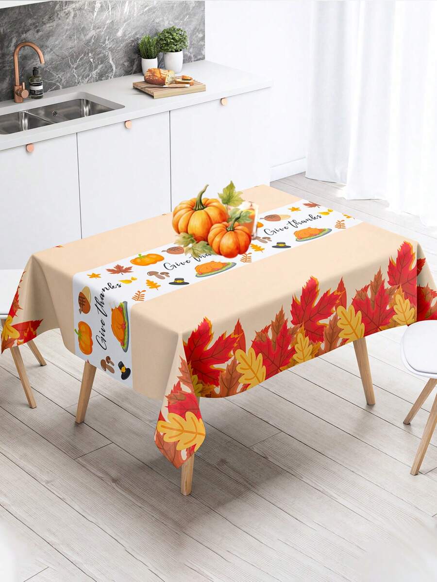 1pc Autumn Harvest Maple Leaf Tablecloth, Happy Thanksgiving Decoration Table Cloth, Harvest Festival Party Table Cover, Thanksgiving Party Supplies, Rustic Farmhouse Decoration, Thanksgiving Outdoor Decoration, Fall Gathering Disposable Tablecloth, Kitchen & Dining Room Decoration, Autumn Home Decoration, Room Decoration, Party Favors