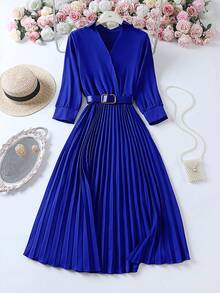 轻盈面料宽松纯色褶皱连衣裙，配腰带，复古风格女装，适合秋冬季节，优雅女士，返校节、婚礼、生日、教师装等场合。 - 藏蓝色 - 查看 6