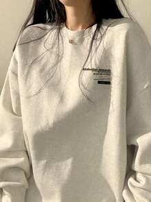 Women's Student Floral & Letter Print Loose Casual Comfortable Sweatshirt, Suitable For Daily Wear, Commuting, Back To School, Christmas, New Year, Round Neck Long Sleeve - Light Grey - View 4