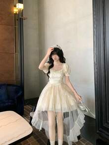 2025 New Arrival Half Love Word Big Ribbon Princess Dress Jacquard Fluffy Fine Glitter Trailing Dress Birthday Dress - Apricot Skirt - View 8