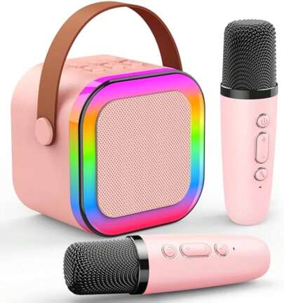 Karaoke Machine 2 Microphones Birthday Gift, Microphone And Speaker All-In-One Wireless Microphone Karaoke Family Singing Home KTV Smart Light Bluetooth Speaker Portable Wireless Karaoke Speaker With Wireless Microphone, Stereo KTV Speaker System, Wireless Speaker With Colored LED Light, Karaoke Machine Suitable For Outdoor, Sports, Travel