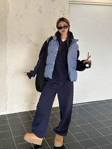 Women's Korean/Japanese Style Casual Blue Plaid Vest, Layered Outerwear, Sleeveless, Loose Cotton Jacket, Autumn/Winter