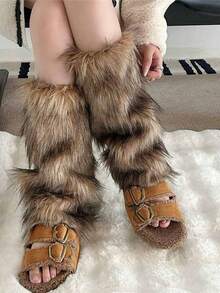 1 chiếc tất giữ ấm chân bằng lông nhân tạo màu nâu trơn mịn, phù hợp với mọi mùa, phong cách Y2K giữ ấm cho mùa đông và mùa thu - màu nâu - Xem 12