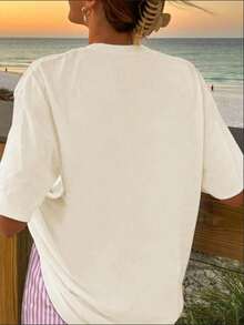 Camiseta de mujer de verano blusa oversize de manga corta con estampado perro salchicha ideal para el tiempo libre y las vacaciones en la playa - Beis - Ver 2