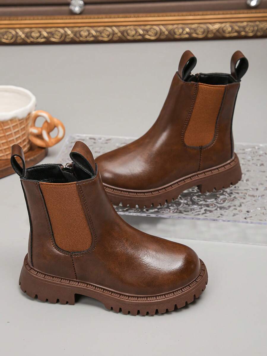 切尔西靴经典圆头仿皮踝靴侧拉链防滑鞋底秋冬女童男童儿童 - 棕色 - 查看 1