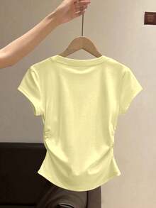 Girls' Bow Embroidered Pleated Fitted Round Neck T-Shirt, Casual Versatile Middle & Large Children Blouse, Girls Clothing - Yellow - View 3