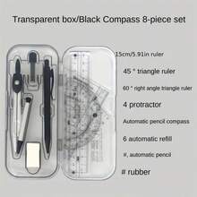 8pcs Geometric School Compass, Mechanical Pencil, Protractor, Ruler And Triangle Ruler Drawing Kit With Storage Box