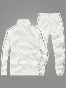 1 Set Men's White Simple Zip-Up Jacket & Drawstring Waist Ankle Cuff Pants Sports Casual Tracksuit - White - View 3