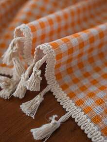 MeijiaMo 1pc Orange & White Plaid Printed Rectangular Tablecloth, Rustic & Fresh Farmhouse Style For Dining Table, Kitchen, Hotel, Bedroom, Living Room, Party & Holiday Decor, Handmade Tassel Trim - Orange - View 9