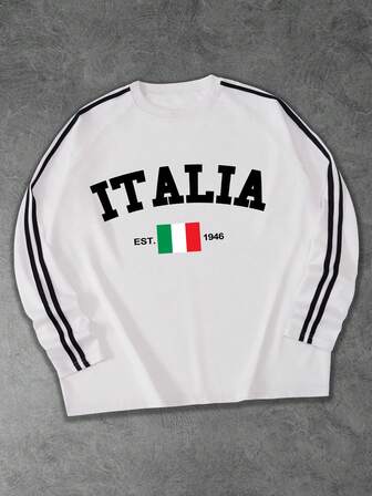 Men's Casual Italian Text & National Flag Print Long Sleeve T-Shirt, Black & White Striped Tape, Sports College Style, Suitable For Spring/Summer, School, Daily Wear, Streetwear