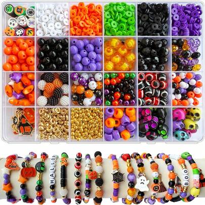 1500pcs/Box Halloween Bracelet Set, Halloween Beaded Bracelet Jewelry Making Orange, Black, White, Purple Polymer Clay Beads Pumpkin, Evil Eye, Skull Beads With Ghost Spider Charms DIY Craft Earrings