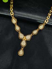 1 Set 5pcs Women's Fashion Jewelry Set: 1 Necklace, 1 Pair Earrings, 1 Bracelet, 1 Ring, Rhinestone Teardrop Design, Gold Color, Suitable For Wedding, Party, Date, Daily Wear - Yellow Gold - View 3