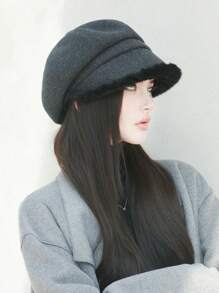 1pc Women's Autumn Warm Windproof Thick Fluffy Edge Octagonal Hat, Painter Cap, Newsboy Cap, Suitable For Daily Use Winter Fall - Fur Brim Octagonal Hat - View 4