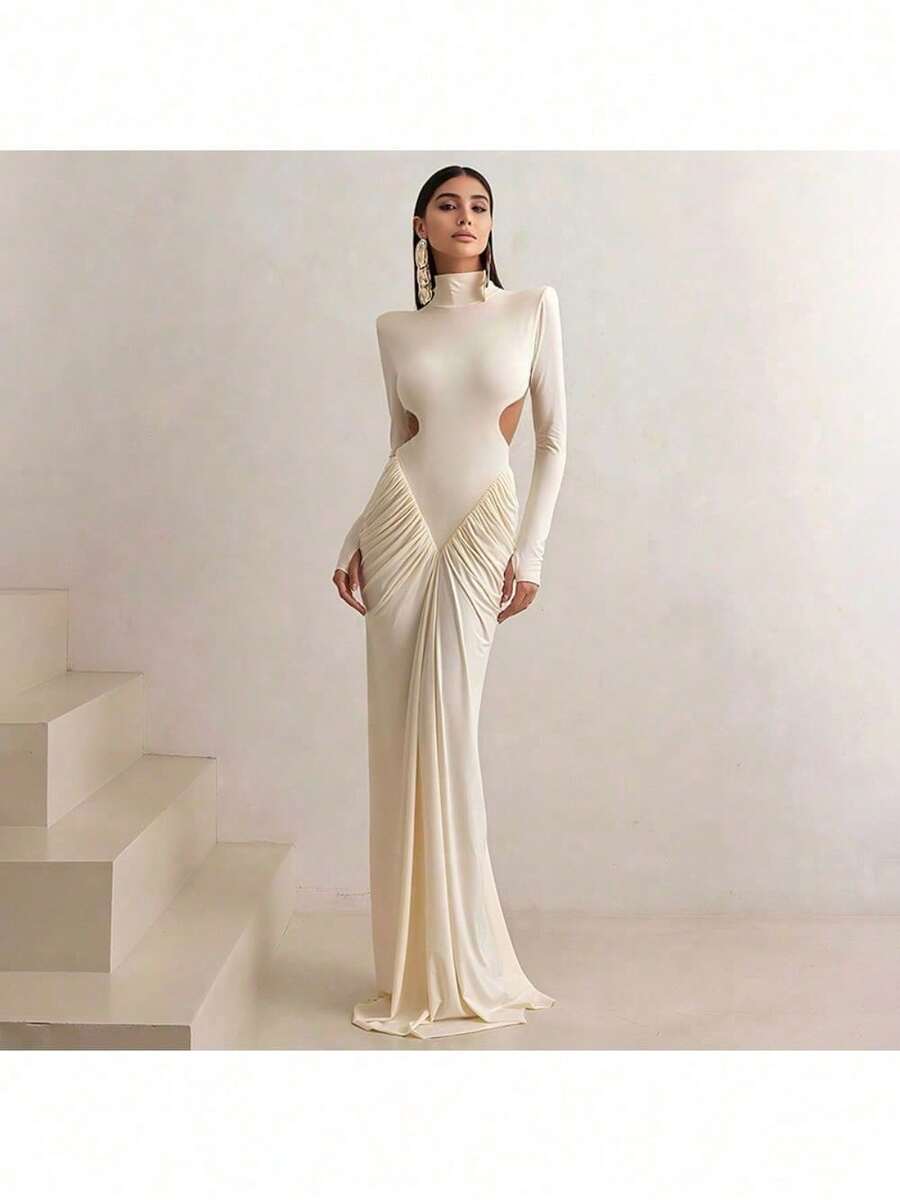 2025 Summer New Women's High-Neck Temperament Slim Sexy Backless Solid Color Long Dress - Apricot - View 1