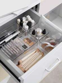 Bandeja de armazenamento de gaveta de mesa de plástico transparente de 1/5/6/11 peças, conjunto de acabamento de gaveta, caixa de armazenamento de cosméticos, adequada para armazenar cosméticos e joias, pode ser usada em banheiros e para colocar itens pequenos, e também pode ser usada em quartos e escritórios.
