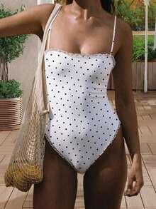 Womens Cute One Piece Swimsuit Ruffled Monokini Swimwear Solid High Cut Spaghetti Straps Sleeveless Swimsuits Swim Suits For Women One Piece Swimsuits - Màu trắng chấm bi - Xem 5
