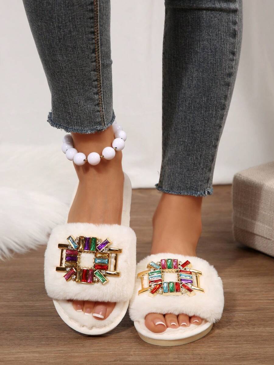 Women's Plush Rhinestone Decor Slip-On Slippers, Fashionable Cute Warm Casual Round Toe Rubber Soft Sole Plush Slippers - White - View 1