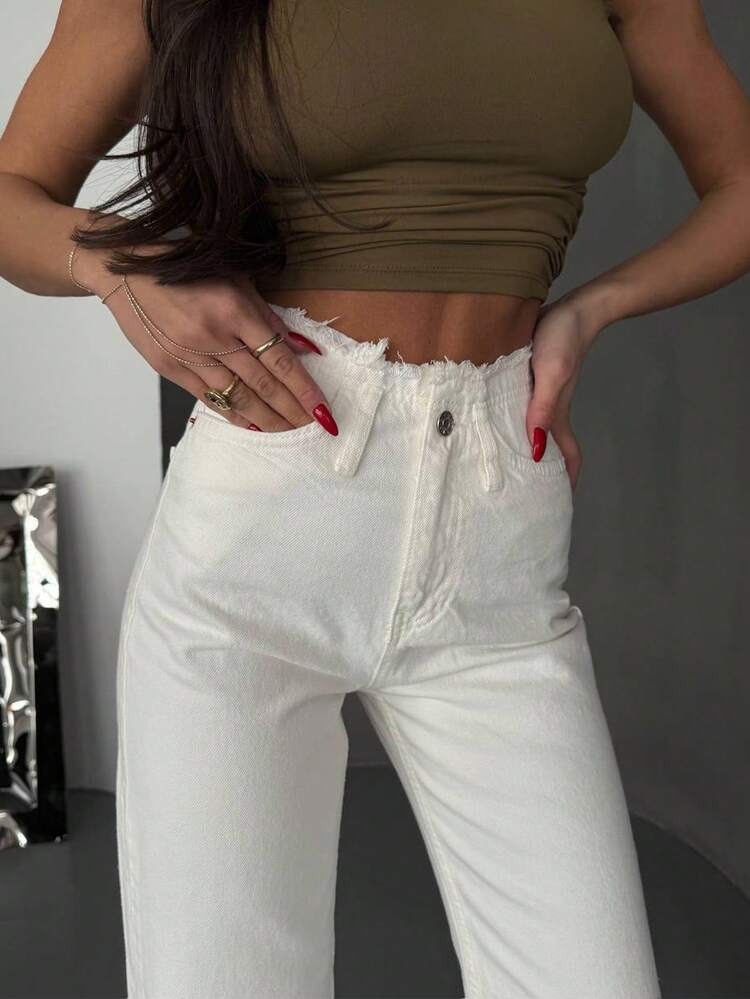 Women's Summer Raw Trim Wide Leg Straight Jeans For Everyday Wear - White - View 2