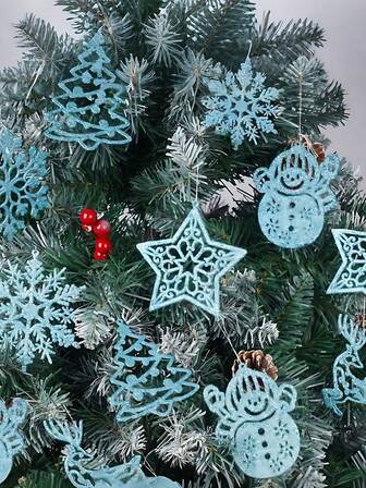 1 Set - (Christmas Ball Set + Light + Pendant) - Gold Snowflake Christmas Tree Decorations, Plastic Glitter Gold Snowflake, Socks, Reindeer, Santa Claus, Snowman, Various Sizes Winter Wonderland Christmas Tree Hanging Decorations