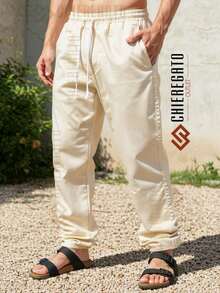 Men's Linen Tailored Straight Baggy Beach Pants With Drawstring Casual Streetwear Balloon Bag Everyday Wide Leg Trousers - Màu be - Xem 1