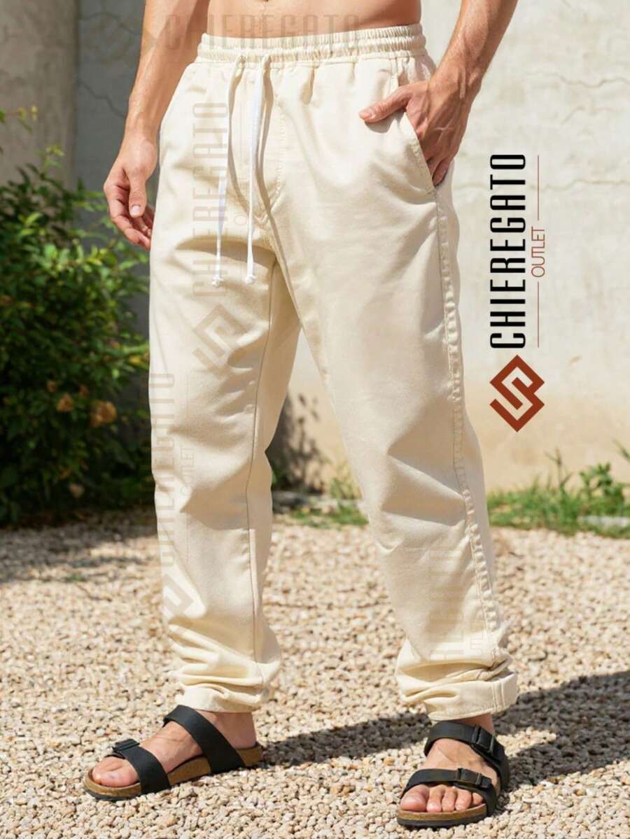 Men's Linen Tailored Straight Baggy Beach Pants With Drawstring Casual Streetwear Balloon Bag Everyday Wide Leg Trousers - Màu be - Xem 1