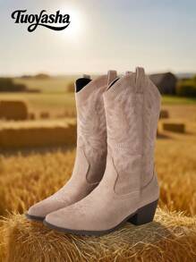 Fall/Winter 2025 New Vintage Western Style Chunky Heel Versatile Comfortable Slip-On Pointed Toe Mid-Calf Boots With Embroidery,Cowboy Boots - Khaki - View 3