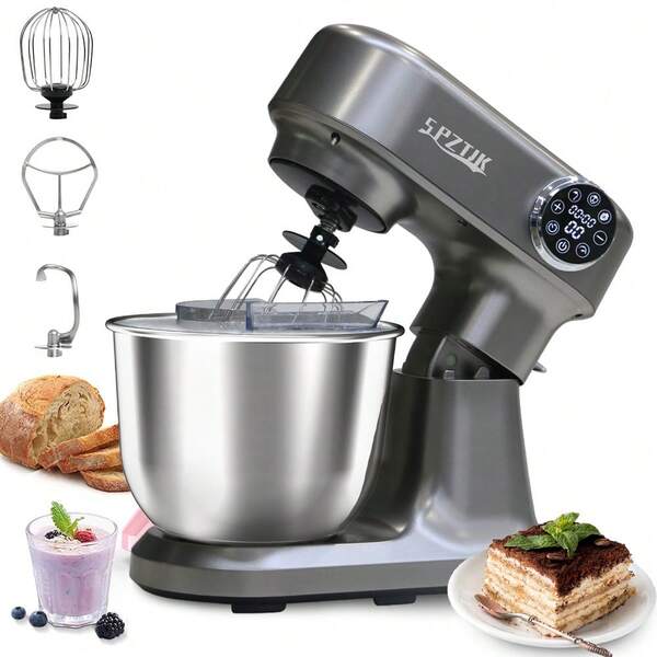 SPZTJK Electric Stand Mixer, 7QT 650W 6Speeds Tilt-Head Dough Mixers, Bread Mixer With Dough Hook, Whisk, 2Beaters, Splash Guard For Baking Bread, Cake, Cooky, Pizza, Muffin, Salad And More - Grey/Black/White