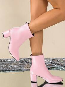 Giày bốt cao gót cổ ngắn kiểu Pháp thanh lịch mới dành cho nữ, bốt thời trang đế dày chuyên nghiệp cỡ lớn cho mùa thu/xuân, gót chunky. - Hồng - Xem 5