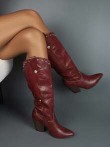 Tropiscape 女士西部牛仔靴 性感过膝刺绣红色时尚拉链西部靴 套穿尖头粗跟乡村长靴 圣诞礼物 - 酒紅色 - 查看 9