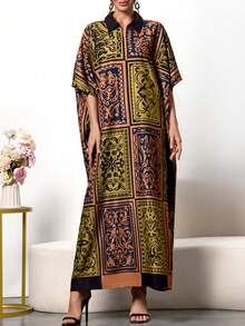 女士纯色撞色印花优雅长袖长袍阿巴雅，端庄卡夫坦长袍，阿拉伯连衣裙，优雅高贵，适合秋季和春季穿着。 - 黃色 - 查看 5