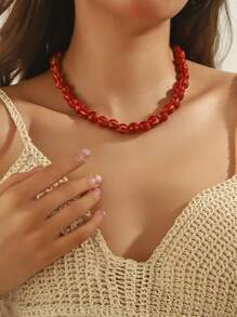 1pc Boho Style Round Geometric Ceramic Pumpkin Bead Handmade Beaded Necklace With Stainless Steel Chain & Lobster Clasp, Gift For Women, Suitable For Daily Wear And Holidays