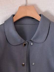 时尚简约女士翻领单排扣高品质短款羊毛大衣，休闲宽松纯色长袖复古优雅风格，搭配时尚单品，女士冬季羊毛大衣 - 深灰色 - 查看 6