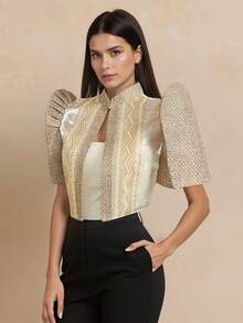 现代菲律宾风格欧根纱女士短袖时尚优雅立领外套 - 香檳色 - 查看 1