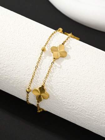 1pc Minimalist Casual Fashion Metallic Laser Lucky Clover Pendant Double-Layer Beaded Chain Bracelet For Men