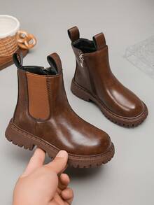 切尔西靴经典圆头仿皮踝靴侧拉链防滑鞋底秋冬女童男童儿童 - 棕色 - 查看 6