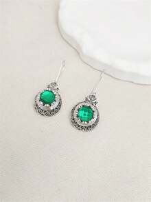 1 对波西米亚风格圆形海蓝宝石锆石雕刻吊坠耳环，适合女性日常、派对、旅行珠宝礼物 - 銀色 - 查看 13