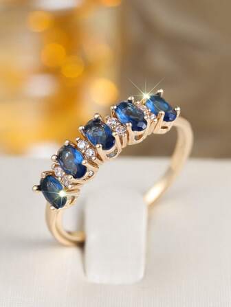 1pc Elegant Oval Blue Synthetic Zirconia Gold Plated Women's Ring, Luxury For Festive Gatherings And Daily Wear, Suitable For All Seasons