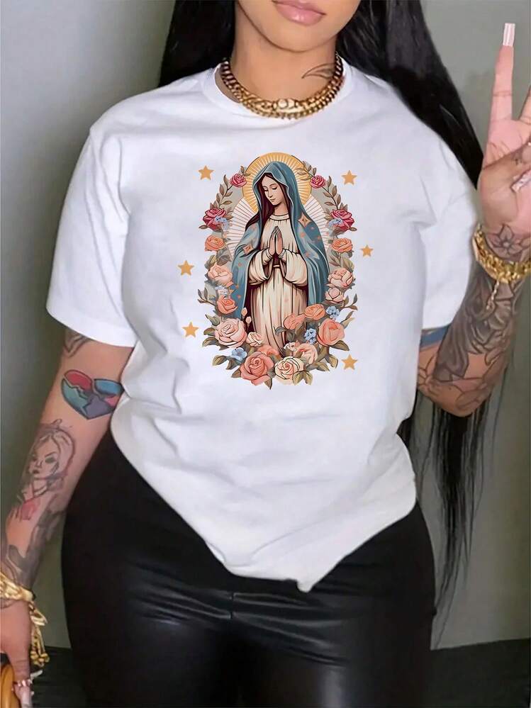 Camiseta floral de la Virgen María para mujer confeccionada en algodón suave, estampado religioso estilo vintage, camiseta casual de verano, elegante diseño de rosas, regalo único para mamá, hermana, amigas. - Blanco - Añade 1