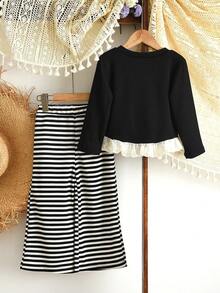 秋季少女休闲针织面料长袖蝴蝶结上衣和条纹长裤两件套 - 黑色 - 查看 2