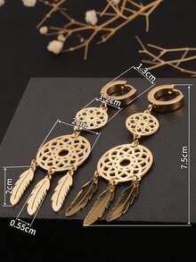 1 对不锈钢欧式 3 镂空花卉吊坠耳环，18K 金叶藤蔓吊坠耳环，适合作为妻子/女友情人节礼物，适合女性日常佩戴 - 金色捕夢網吊墜流蘇樹葉耳扣 - 查看 5