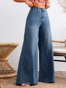 Jeans para Mujer - Pantalones De Mezclilla Sueltos, Moda Casual con Cintura Alta y Pierna Ancha - Azul - Ver 3