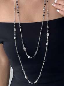 2件套法式时尚仿珍珠长项链，女士派对聚会配饰，优雅珠宝 - 長項鍊 - 查看 6