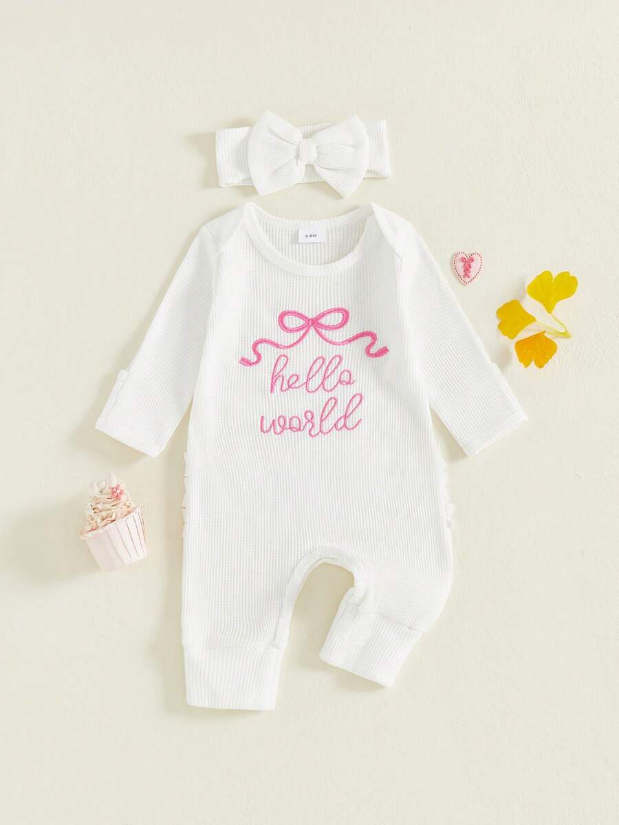Nebworn Baby Girl Waffle Knit Romper Long Sleeve Ruffle Fall Winter Clothes Coming Going Home Outfit - 白色 - 查看 1