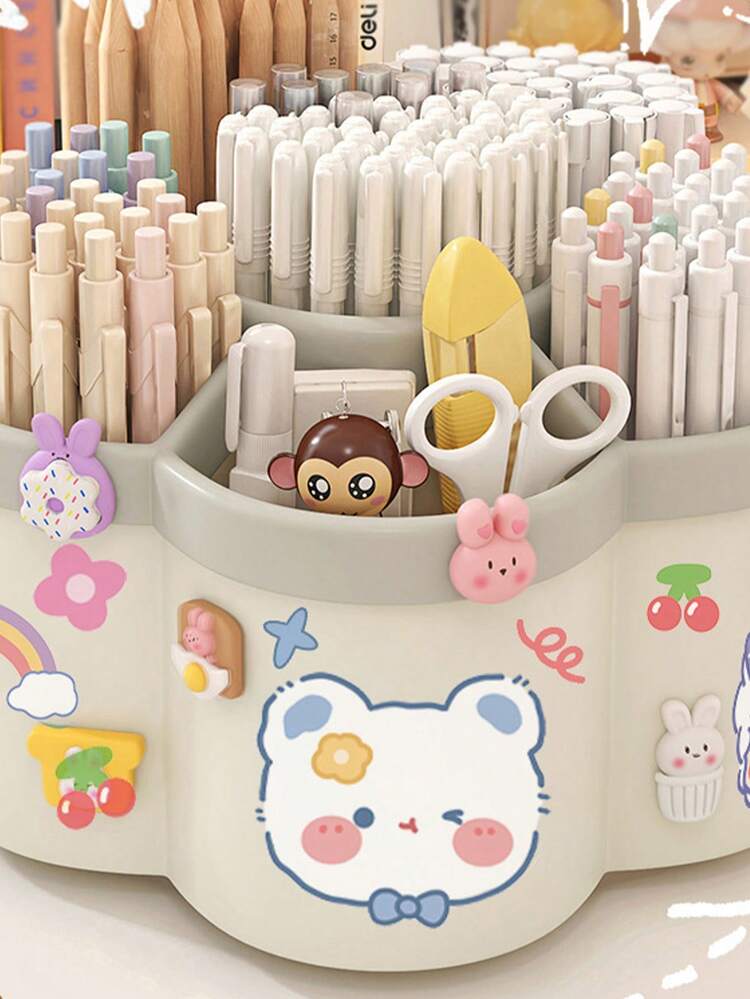 1 pieza Organizador giratorio para portalápices, alta capacidad, compartimentos, adecuado para estudiantes, escritorio de niños, estante creativo para bolígrafos, diseño minimalista (patrón de pegatinas aleatorio) - Multicolor - Añade 4