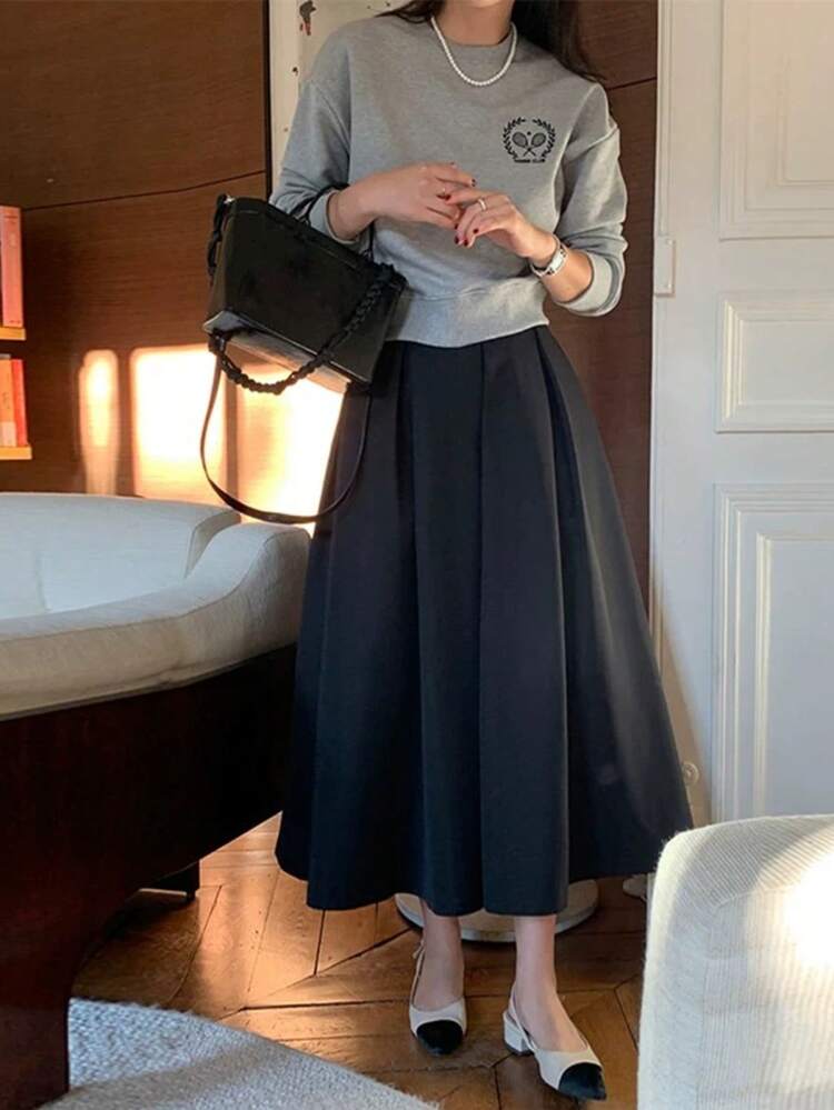 黑色褶皱宽松休闲长款连衣裙（春季款） - 黑色 - 查看 2