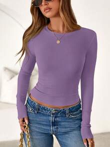 Women Spring And Fall Long Sleeve Shirts Ribbed Crewneck Fitted Basic Tee Going Out Tops Casual Workout Vacation Outfits - 紫色 - 查看 6