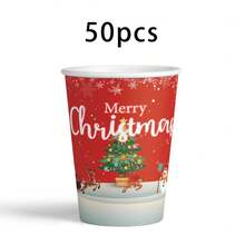 20件/50件圣诞树、红色礼物、驯鹿主题一次性派对餐具、圣诞图案主题一次性纸杯、250ML咖啡杯、冷饮杯 - 彩色 - 查看 4